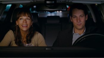 Movie still from “I Love You, Man” (2009), directed by John Hamburg – A man and a woman sitting in the back seat of a car; Medium shot, Over the shoulder angle
