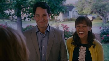 Movie still from “I Love You, Man” (2009), directed by John Hamburg – A man and a woman smile for a picture; Medium shot, Over the shoulder angle