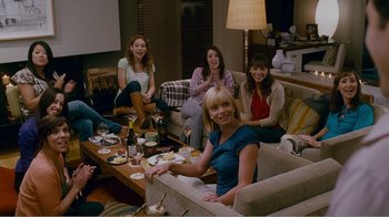 Movie still from “I Love You, Man” (2009), directed by John Hamburg – A group of people sitting around a living room; Wide shot, Over the shoulder angle