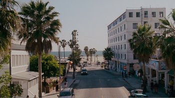 Movie still from “I Love You, Man” (2009), directed by John Hamburg – A view of a street with palm trees on the side of the street; Extreme Wide shot, High angle