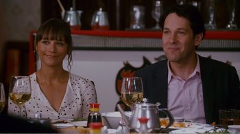 Movie still from “I Love You, Man” (2009), directed by John Hamburg – A man and a woman sitting at a dinner table; Medium shot, Over the shoulder angle