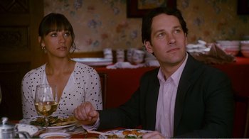 Movie still from “I Love You, Man” (2009), directed by John Hamburg – A man and a woman sitting at a dinner table; Medium shot, Over the shoulder angle