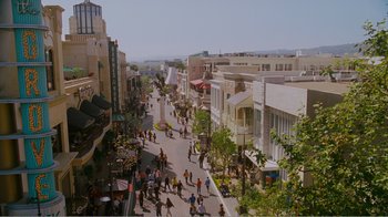 Movie still from “I Love You, Man” (2009), directed by John Hamburg – People walking down a street on a sunny day; Extreme Wide shot, High angle