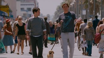 Movie still from “I Love You, Man” (2009), directed by John Hamburg – Two men walking a dog down a street; Wide shot, Low angle