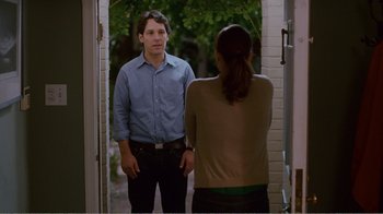 Movie still from “I Love You, Man” (2009), directed by John Hamburg – A man and a woman standing in front of each other; Medium shot, Over the shoulder angle