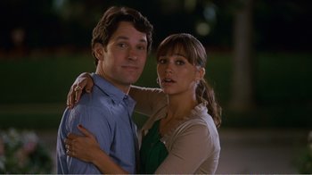Movie still from “I Love You, Man” (2009), directed by John Hamburg – A man and a woman posing for a picture; Close Up shot, Over the shoulder angle