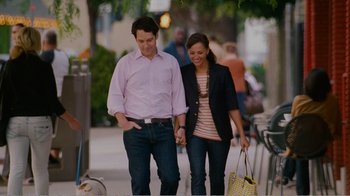 Movie still from “I Love You, Man” (2009), directed by John Hamburg – A man and a woman holding hands while walking down a sidewalk; Medium shot, Over the shoulder angle