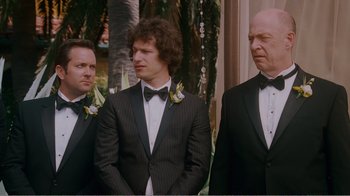Movie still from “I Love You, Man” (2009), directed by John Hamburg – A group of men standing next to each other wearing tuxedos; Medium shot, Over the shoulder angle