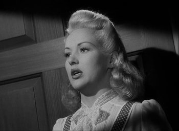 Movie still from “I Wake Up Screaming” (1941), directed by H. Bruce Humberstone – A black and white photo of a woman in a dress; Close Up shot, Low angle