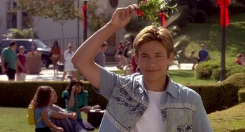 Movie still from “I'll Be Home for Christmas” (1998), directed by Arlene Sanford – A young man holding a plant in the air; Close Up shot, Over the shoulder angle