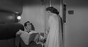 Movie still from “I'll Cry Tomorrow” (1955), directed by Daniel Mann – A man and a woman are sitting on a train; Medium shot, High angle