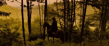 Movie still from “I'm Not There” (2007), directed by Todd Haynes – A man riding a horse through a forest; Extreme Wide shot, High angle