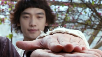 Movie still from “I'm a Cyborg, But That's OK” (2006), directed by Park Chan-wook – A young man holding a piece of fur in his hand; Extreme Close Up shot, Low angle