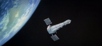 Movie still from “Ice Station Zebra” (1968), directed by John Sturges – A space station in the middle of the night sky; Extreme Wide shot, High angle