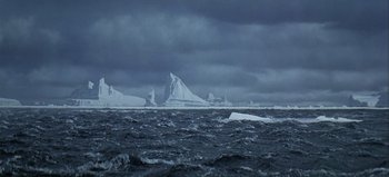 Movie still from “Ice Station Zebra” (1968), directed by John Sturges – A large body of water with a large body of water in the background; Extreme Wide shot, High angle