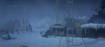 Movie still from “Ice Station Zebra” (1968), directed by John Sturges – An abandoned vehicle in the middle of the snow; Extreme Wide shot, High angle