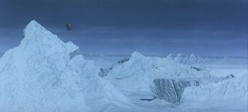 Movie still from “Ice Station Zebra” (1968), directed by John Sturges – An image of a balloon flying over a snowy mountain; Extreme Wide shot, High angle