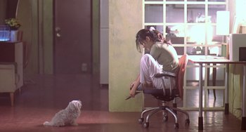 Movie still from “Il Mare” (2000), directed by Hyun-seung Lee – A woman sitting in a chair next to a white dog; Wide shot, Over the shoulder angle