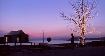 Movie still from “Il Mare” (2000), directed by Hyun-seung Lee – A man standing on the beach looking at the water; Extreme Wide shot, Low angle