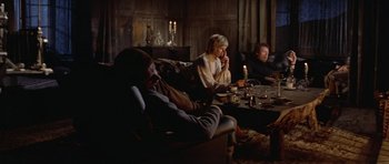 Movie still from “Images” (1972), directed by Robert Altman – A group of people sitting around a table with candles; Wide shot, High angle