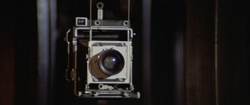 Movie still from “Images” (1972), directed by Robert Altman – An image of an old camera hanging on a wall; Extreme Close Up shot, Low angle