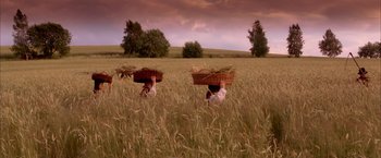 Movie still from “Immortal Beloved” (1994), directed by Bernard Rose – Three people in a wheat field carrying baskets on their heads; Extreme Wide shot, Low angle