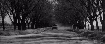 Movie still from “In Cold Blood” (1967), directed by Richard Brooks – A black and white photo of a car driving down the road; Wide shot, Low angle