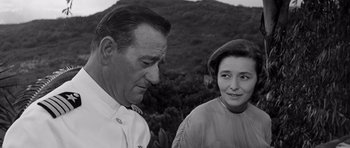 Movie still from “In Harm's Way” (1965), directed by Otto Preminger – An older man standing next to an older woman in front of trees; Close Up shot, Over the shoulder angle