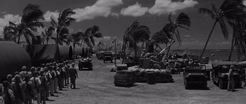 Movie still from “In Harm's Way” (1965), directed by Otto Preminger – A black - and - white photo of a beach with palm trees; Extreme Wide shot, High angle
