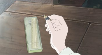 Movie still from “In This Corner (and Other Corners) of the World” (2016), directed by Sunao Katabuchi – An animated hand holding a pen and a ruler; Extreme Close Up shot, High angle