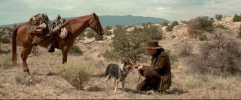 Movie still from “In a Valley of Violence” (2016), directed by Ti West – A man and a dog in a field with a horse; Wide shot, Over the shoulder angle