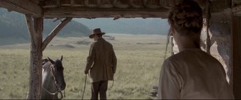 Movie still from “In a Valley of Violence” (2016), directed by Ti West – A man in a hat and a brown jacket standing in a field; Wide shot, Over the shoulder angle
