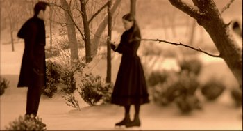 Movie still from “In the Cut” (2003), directed by Jane Campion – A woman in a black dress holding a stick in the snow; Wide shot, High angle