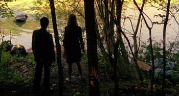 Movie still from “In the Cut” (2003), directed by Jane Campion – Two people are standing near a body of water; Wide shot, High angle
