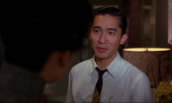 Movie still from “In the Mood for Love” (2000), directed by Kar-Wai Wong – A man wearing a white dress shirt and a tie; Close Up shot, Over the shoulder angle