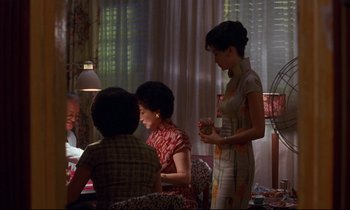 Movie still from “In the Mood for Love” (2000), directed by Kar-Wai Wong – A group of people sitting around a table; Medium shot, Over the shoulder angle