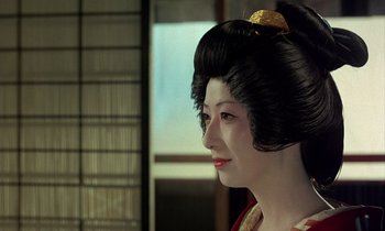 Movie still from “In the Realm of the Senses” (1976), directed by Nagisa Ôshima – A geisha is wearing a red kimono; Close Up shot, Over the shoulder angle