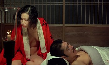 Movie still from “In the Realm of the Senses” (1976), directed by Nagisa Ôshima – A man and a woman are sitting on the floor; Medium shot, High angle
