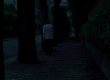 Movie still from “India Song” (1975), directed by Marguerite Duras – A person walking down a path in the dark near some trees; Wide shot, Over the shoulder angle
