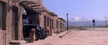 Movie still from “Inside Daisy Clover” (1965), directed by Robert Mulligan – A dog standing in front of an old car; Extreme Wide shot, Low angle