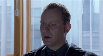 Movie still from “Insomnia” (1997), directed by Erik Skjoldbjærg – A person wearing a shirt and tie; Close Up shot, Low angle