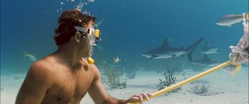 Movie still from “Into the Blue” (2005), directed by John Stockwell – A man with a mask on holding a stick in front of a shark; Wide shot, High angle