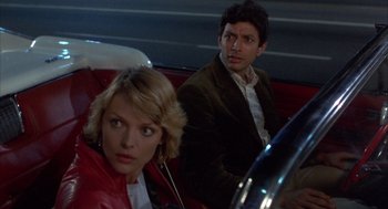 Movie still from “Into the Night” (1985), directed by John Landis – A man and a woman sitting in the back seat of a car; Close Up shot, Over the shoulder angle