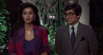 Movie still from “Into the Night” (1985), directed by John Landis – A man and a woman standing next to each other in front of bushes; Medium shot, Over the shoulder angle