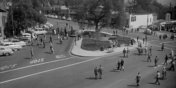 Movie still from “Invasion of the Body Snatchers” (1956), directed by Don Siegel – A black - and - white photo of people crossing a street; Extreme Wide shot, High angle