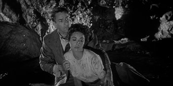 Movie still from “Invasion of the Body Snatchers” (1956), directed by Don Siegel – A man and a woman in the woods; Medium shot, Low angle