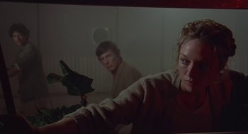 Movie still from “Invasion of the Body Snatchers” (1978), directed by Philip Kaufman – A man and a woman are looking at a mirror in a dark room; Medium shot, Over the shoulder angle