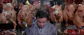 Movie still from “Irma la Douce” (1963), directed by Billy Wilder – A man in a gray jacket with two pigs on his head; Close Up shot, Low angle