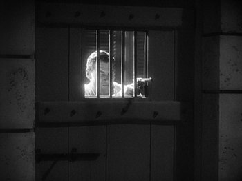 Movie still from “Island of Lost Souls” (1932), directed by Erle C. Kenton – A person in a jail cell with a cat behind bars; Medium shot, High angle