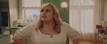Movie still from “Isn't It Romantic” (2019), directed by Todd Strauss-Schulson – A woman with blonde hair is looking at the camera; Close Up shot, Over the shoulder angle